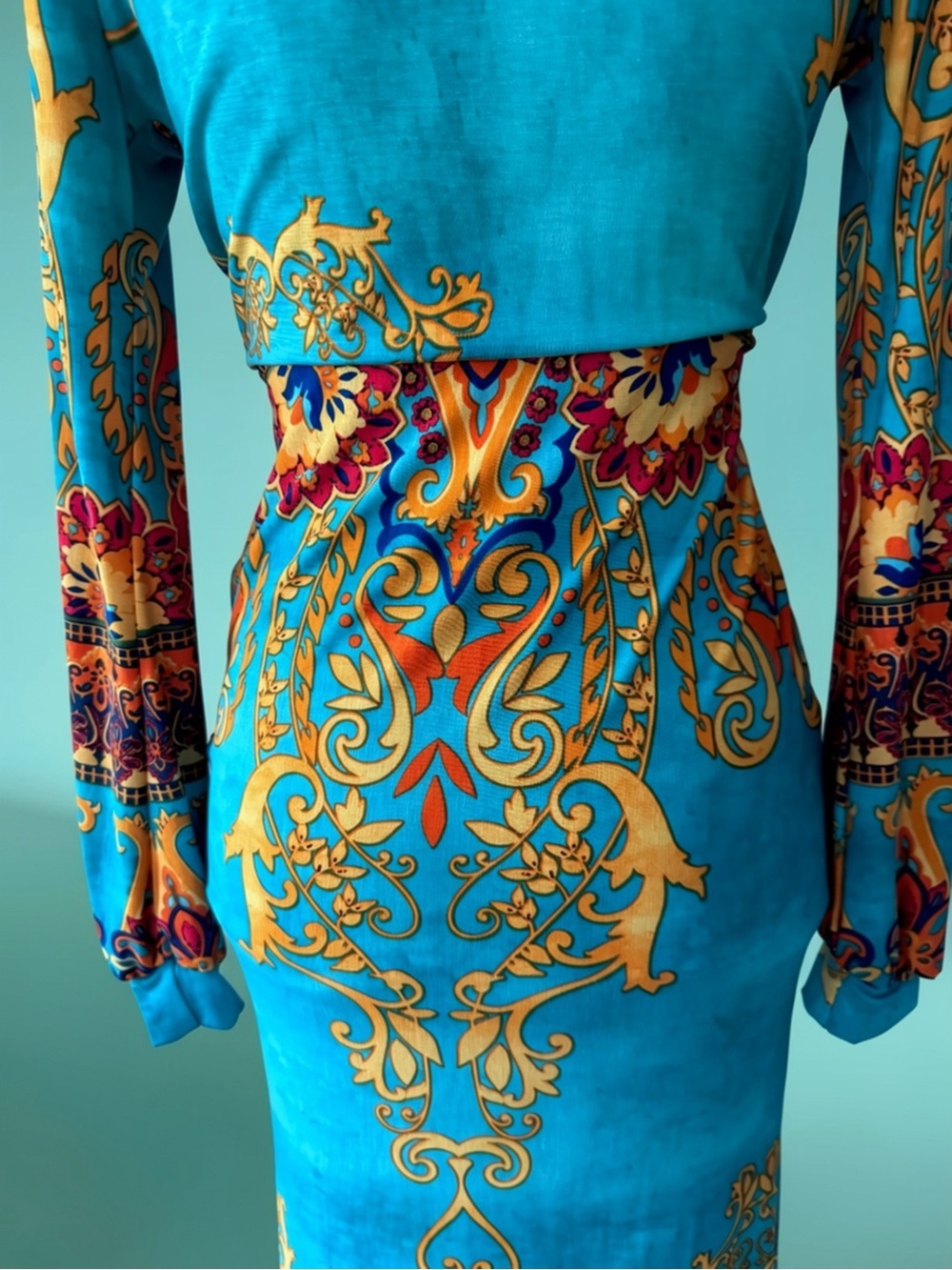 Vibrant Turquoise & Gold Print Maxi Dress with Deep V-Neck - Picture 8 of 16
